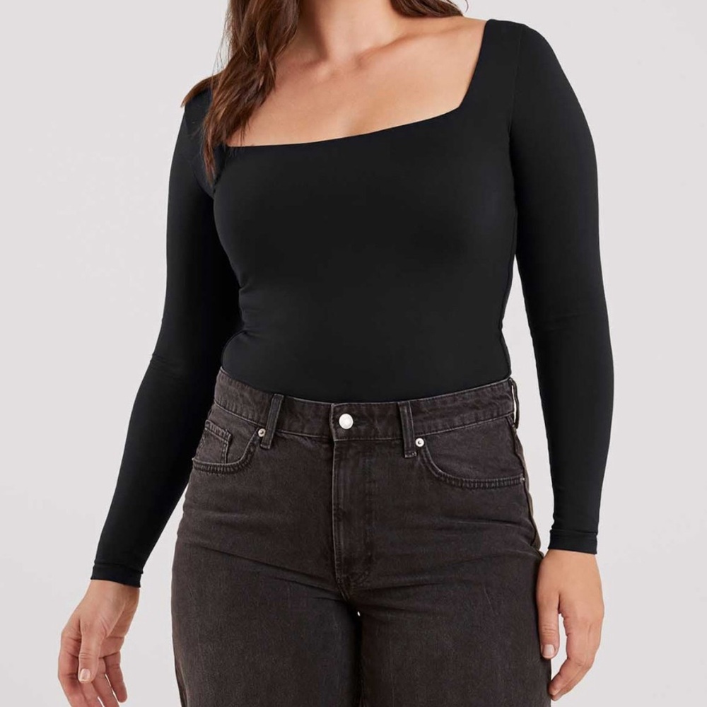 NWT Nuuds Black Long Sleeve Wide Square Neck Bodysuit Size XL